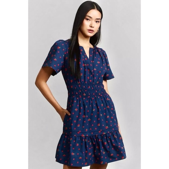 Anthropologie Dresses & Skirts - ANTHROPOLOGIE Strawberry Print Smocked Somerset Mini Dress Navy Blue Red Small